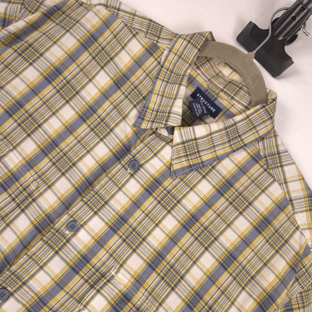 Structure Men XL Plaid Button Up Shirt Yellow Blue Short Sleeve Cotton Vented L